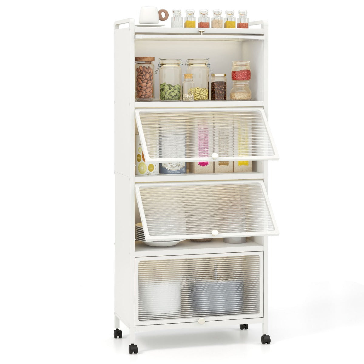 Kökshylla – med hjul Mobilt mikrovågsställ gångjärn för PC dörrar – 60 x 32 x 154 cm – Vit