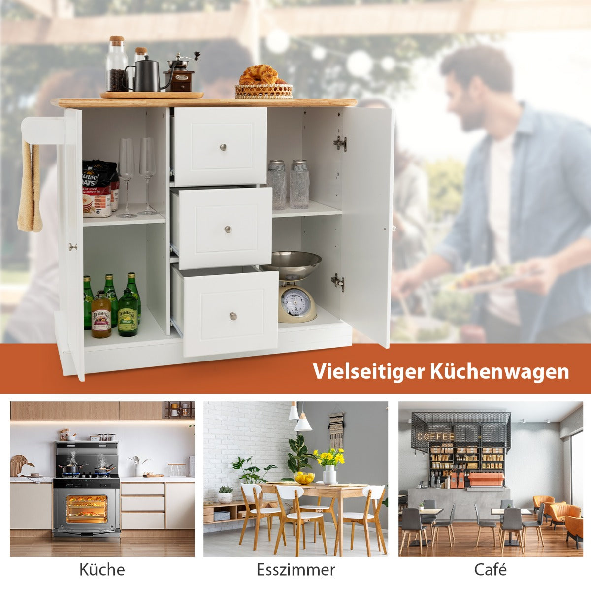 Köksskåp – Trä Köksö med dolda hjul Köksvagn bänkskiva – 5 127 x 46 x 91,5 cm – Vit