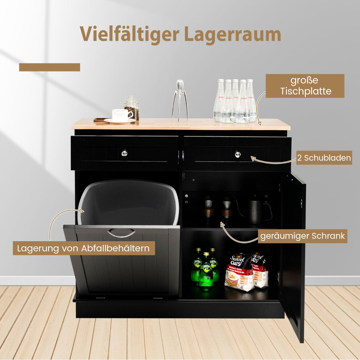 42L – papperskorg med stor bänkskiva och lådor justerbar hylla – 2 – Svart