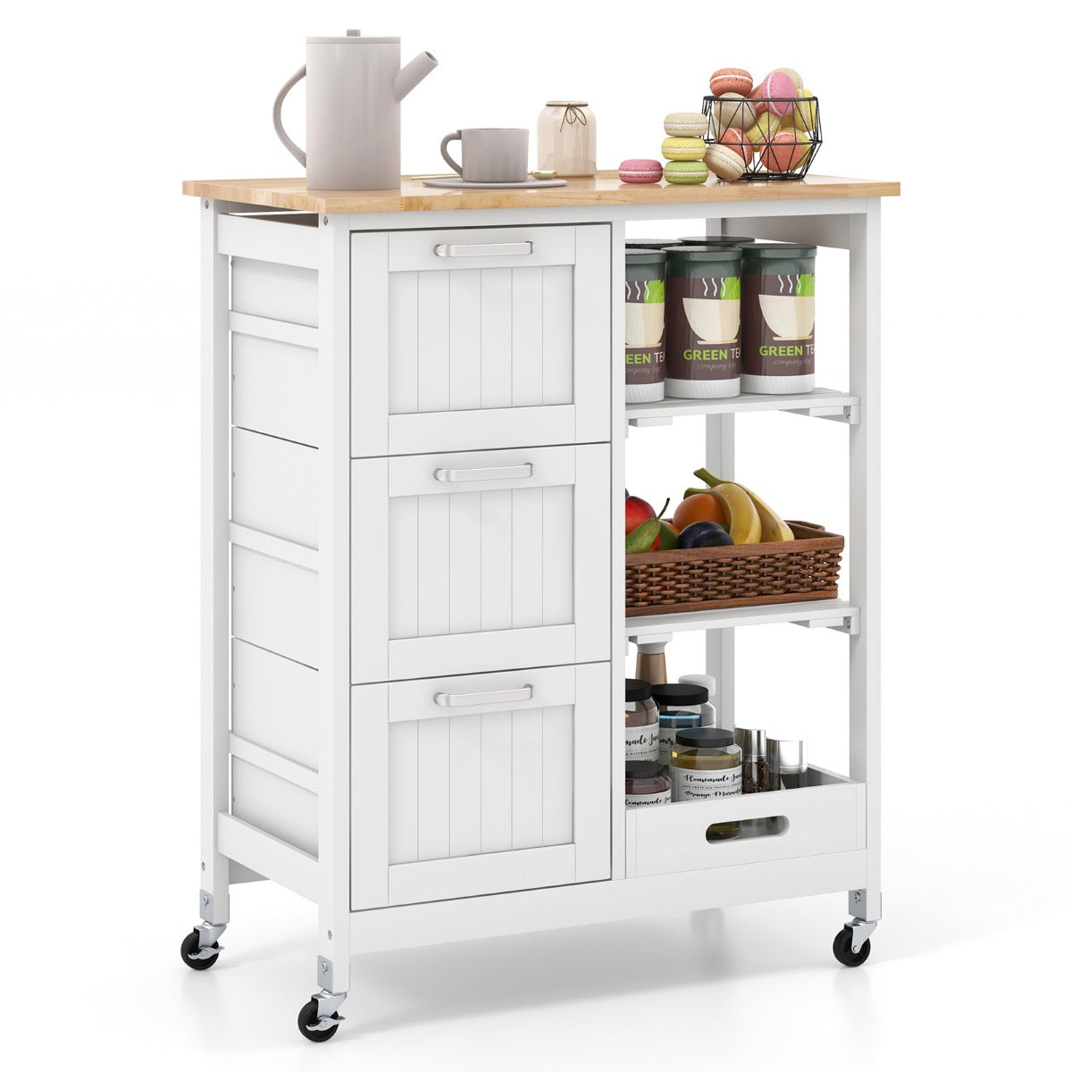 Köksvagn – Rullbar köksö serveringsvagn med nivåer förvaringshylla – 2 67 x 37 x 82,5 cm – Vit