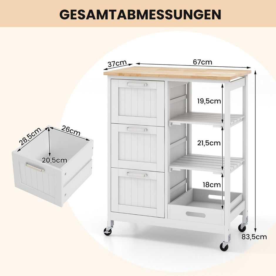 Köksvagn – Rullbar köksö serveringsvagn med nivåer förvaringshylla – 2 67 x 37 x 82,5 cm – Vit
