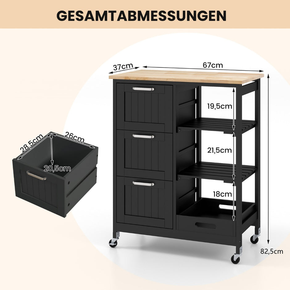 Multifunktionsvagn – köksö på hjul med förvaringsutrymme – 67 x 37 x 84 cm – Svart