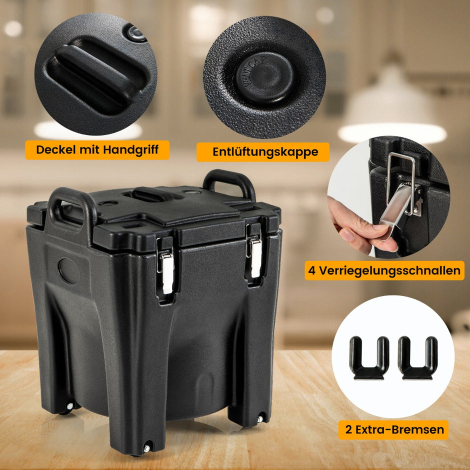 30L – kylbox isolerad box med hjul bromsar Stapelbar termobox rostfritt stål interiör – 44 x 44 x 53 cm – Svart