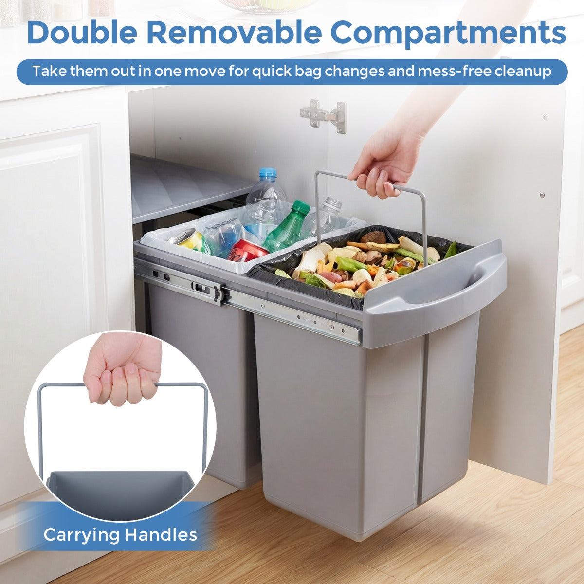 Kökssoptunna – med fack, utdragbar ABS lock, avfallssorteringssystem – 2 – Grå