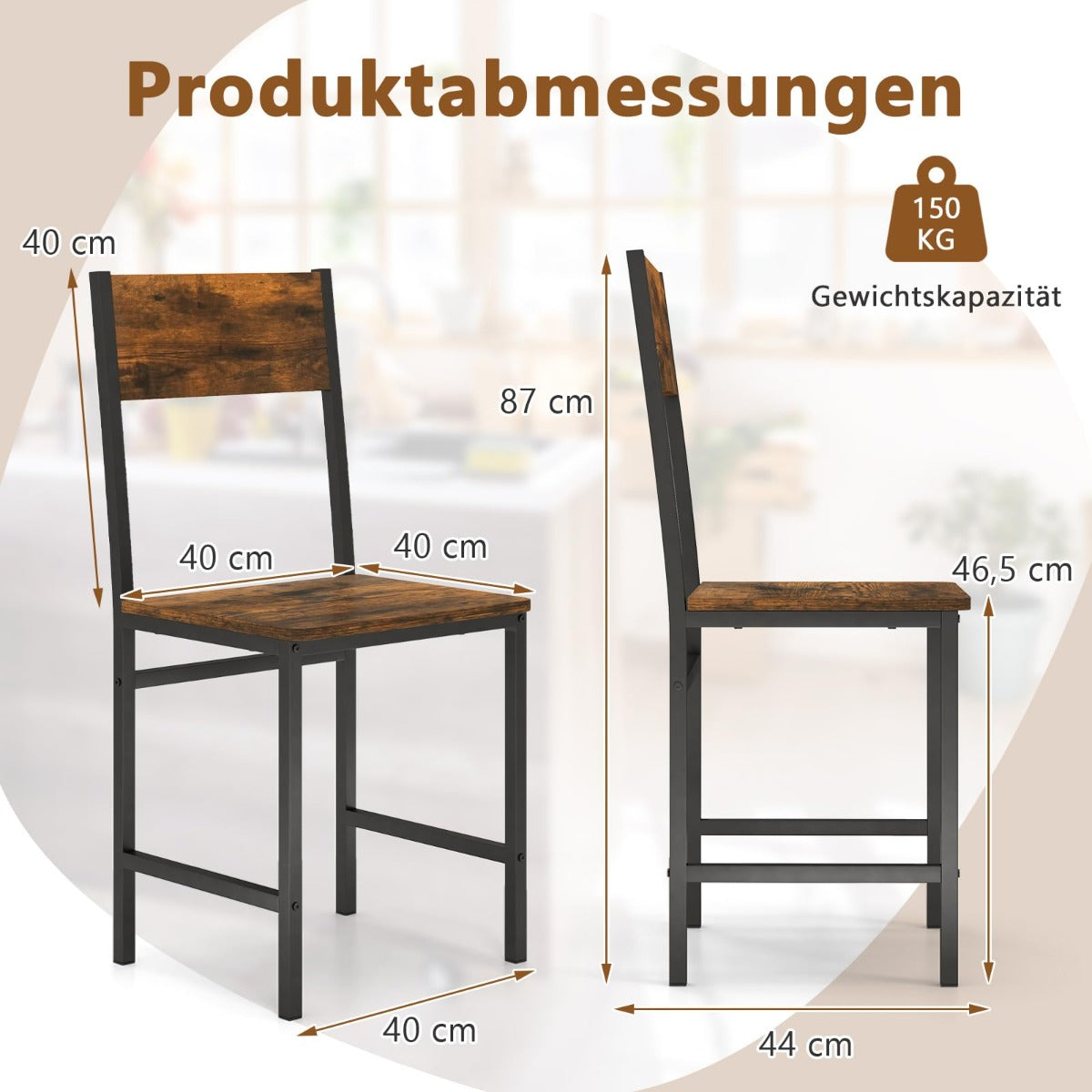 Set – med matstolar industriköksstolar metallram Rustikbrun – 2 44 x 40 x 87 cm – Rustik brun