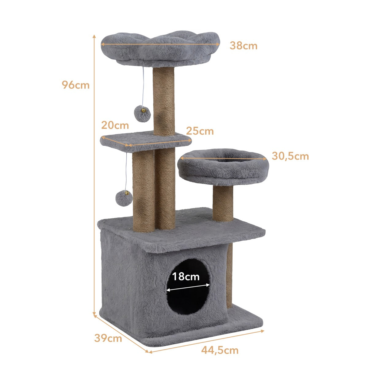 Kattklösträd – med kattlya, plattform, sovplats och bollar kattornamenträd grått – 2 / 96 cm – Grå