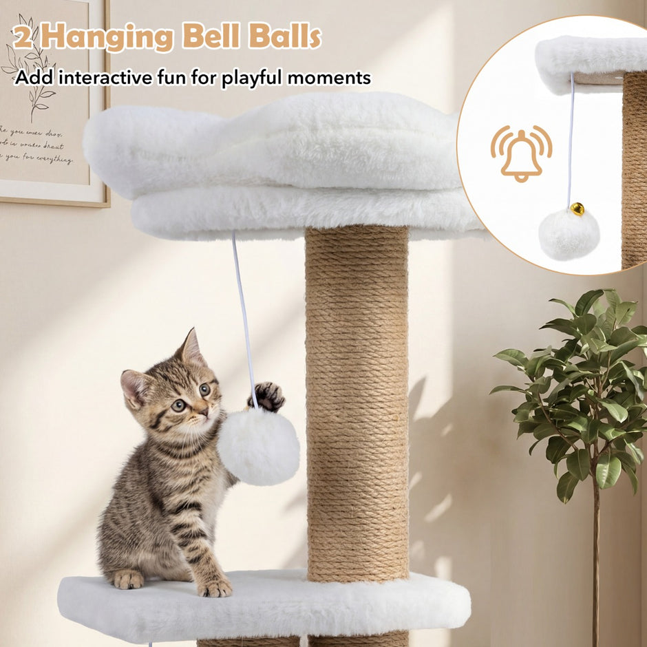 Kattklösträd – med kattlya, plattform, bädd och bollar katttorn kattklätterträd – 2 / 96 cm – Beige