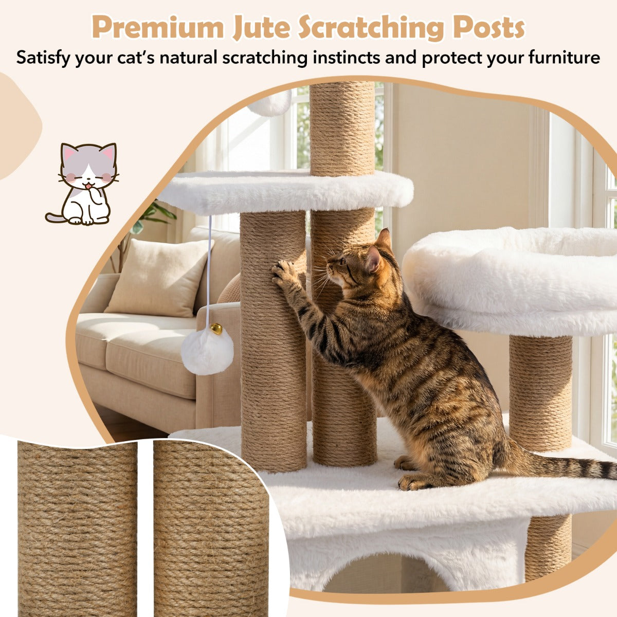 Kattklösträd – med kattlya, plattform, bädd och bollar katttorn kattklätterträd – 2 / 96 cm – Beige