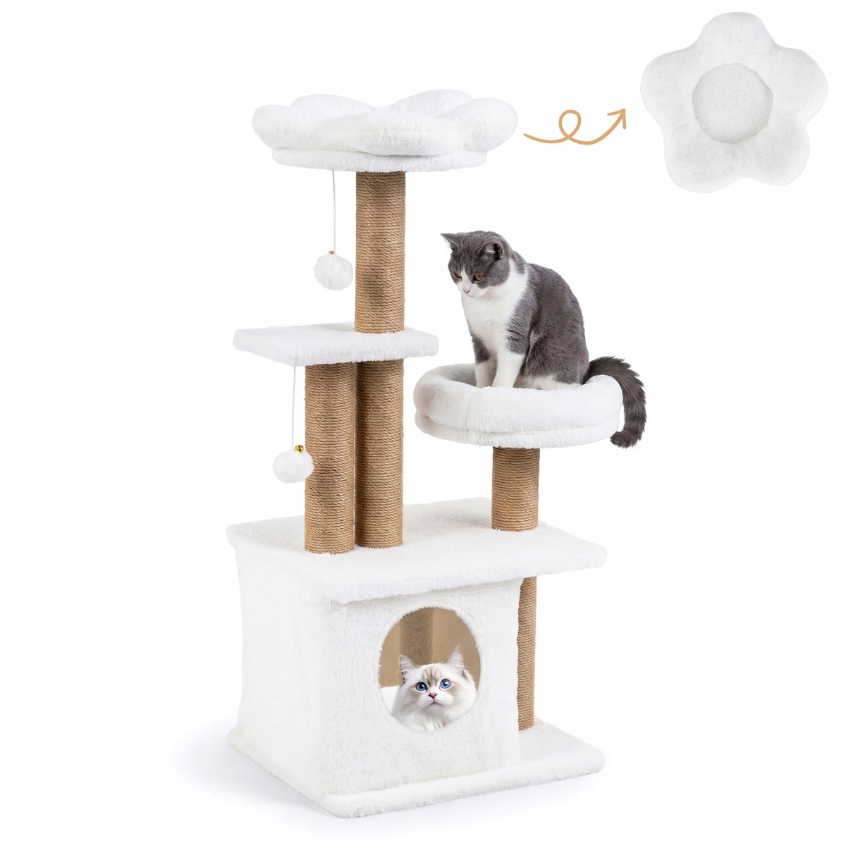 Kattklösträd – med kattlya, plattform, bädd och bollar katttorn kattklätterträd – 2 / 96 cm – Beige