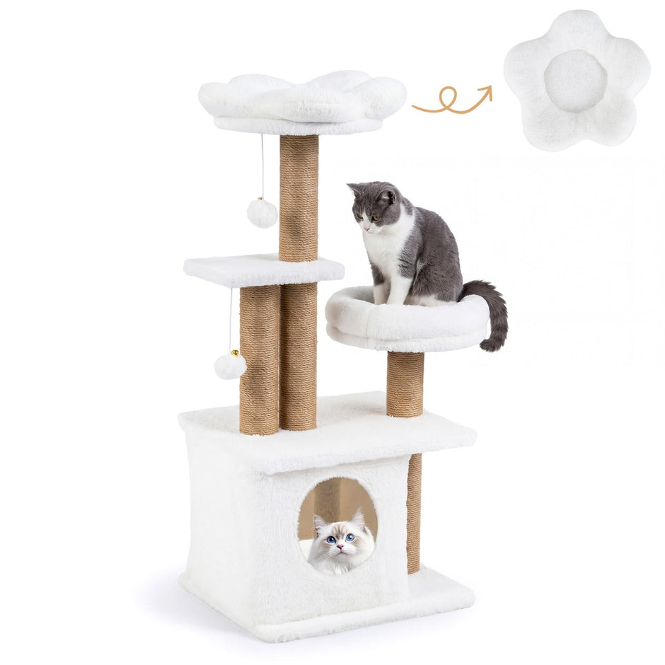 Kattklösträd – med kattlya, plattform, bädd och bollar katttorn kattklätterträd – 2 / 96 cm – Beige