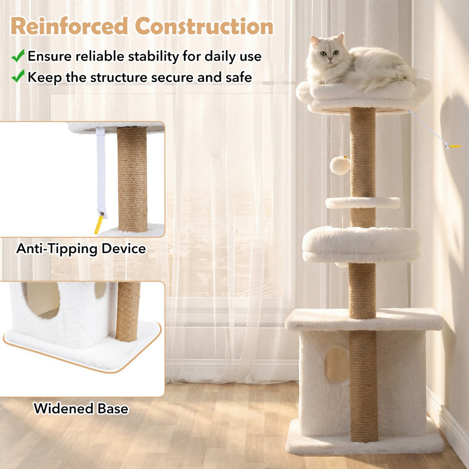Kattklösträd – med kattlya, plattform, bädd och bollar katttorn kattklätterträd – 2 / 96 cm – Beige