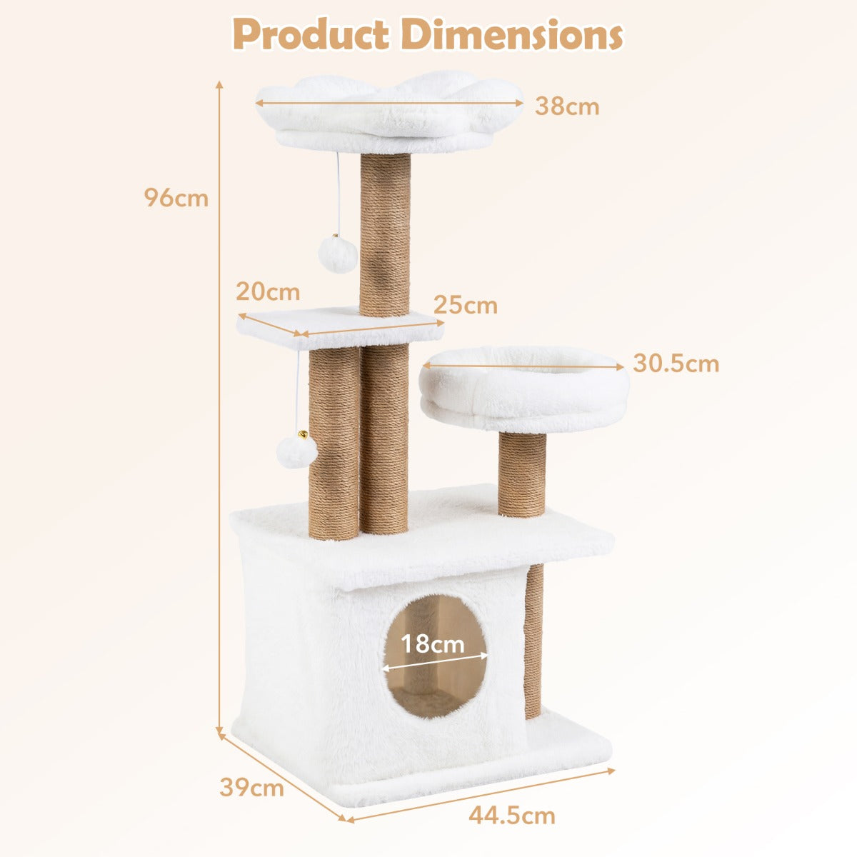 Kattklösträd – med kattlya, plattform, bädd och bollar katttorn kattklätterträd – 2 / 96 cm – Beige