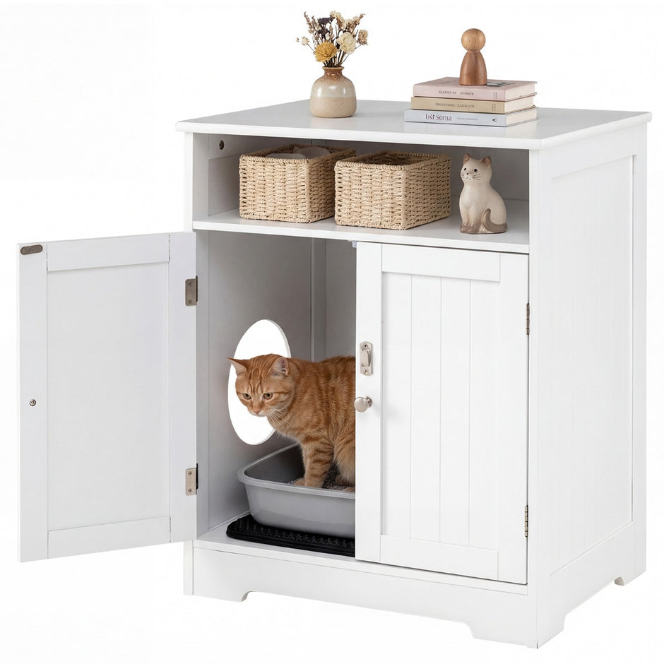 in – Katzenhaus, Katzentoilette, Beistelltisch mit Streumatte och Abschließbaren Türen Eingang Fach – 3 1 2 – Vit