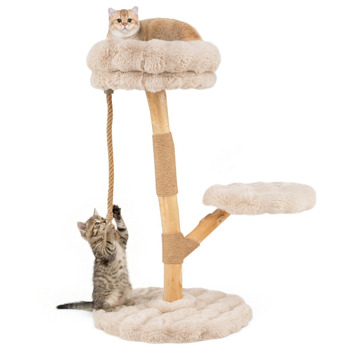 Massivt – trä kattpinn med plyschsittytor, rep och repstolpe, kattträd, katttorn – 3 90 cm – Beige