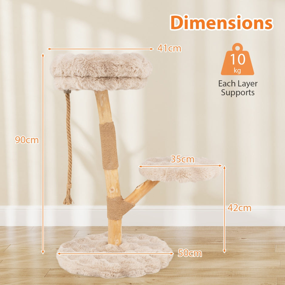 Massivt – trä kattpinn med plyschsittytor, rep och repstolpe, kattträd, katttorn – 3 90 cm – Beige
