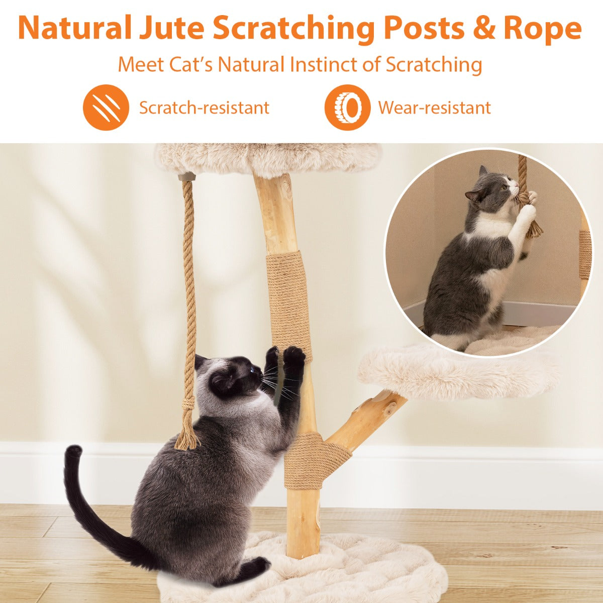 Massivt – trä kattpinn med plyschsittytor, rep och repstolpe, kattträd, katttorn – 3 90 cm – Beige