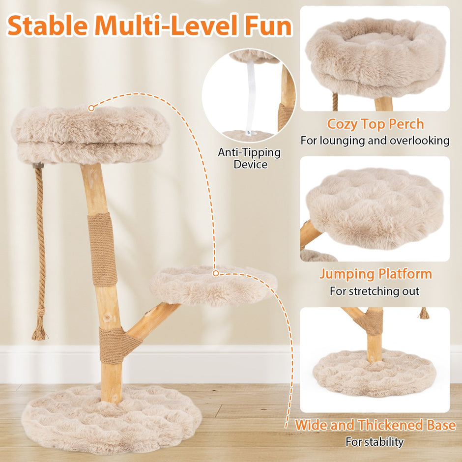 Massivt – trä kattpinn med plyschsittytor, rep och repstolpe, kattträd, katttorn – 3 90 cm – Beige