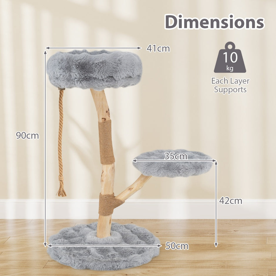 Massivt – trä kattpinn med plyschsittytor, rep och repstolpe, kattträd, katttorn – 3 90 cm – Grå