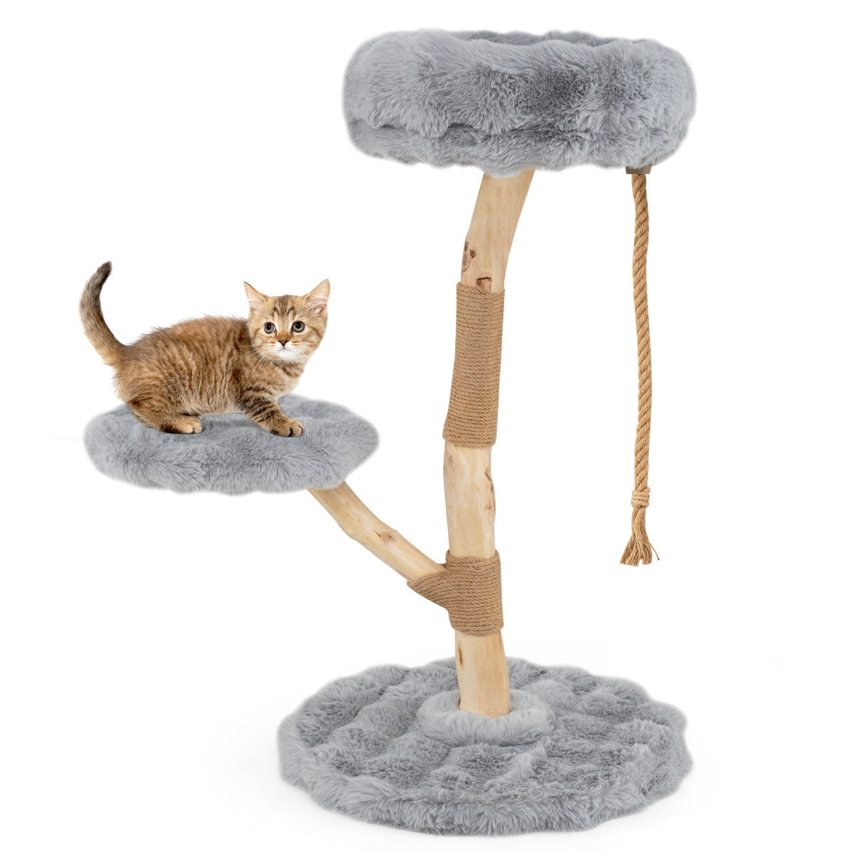 Massivt – trä kattpinn med plyschsittytor, rep och repstolpe, kattträd, katttorn – 3 90 cm – Grå