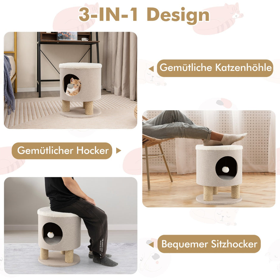 Liten – skrapstolpe med mjuk sits och sisal skrapstolpar bollpall – 3 40 x 40 x 47 cm – Beige