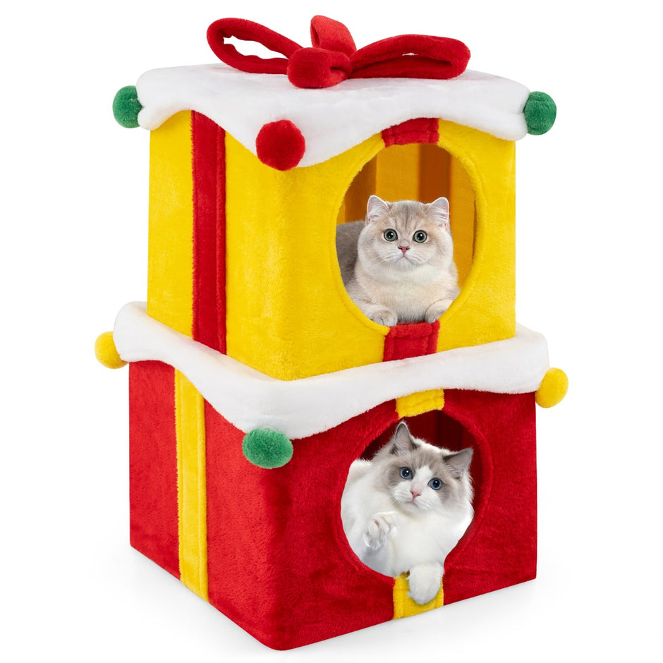 nivå – julkattgrotta med pilbåge och boll staplingsbara presentförpackningar Cat House – 2 – Röd