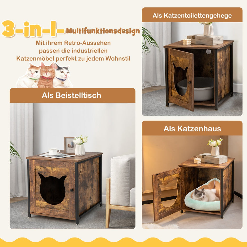 Kattskåp – i trä med dörr och entré kattsandskåp katttoalett – 50 x 53 x 55 cm – Rustik brun