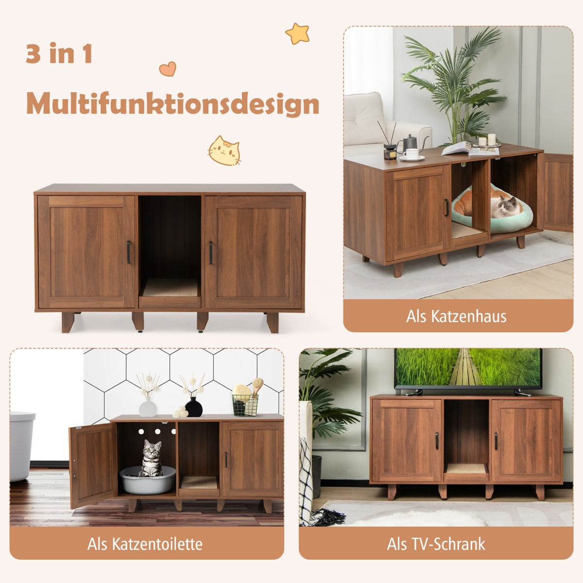 Kattskåp – för kattsandlåda med dörrar och skrapbräda entré – 2 120 x 52 x 65 cm – Brun