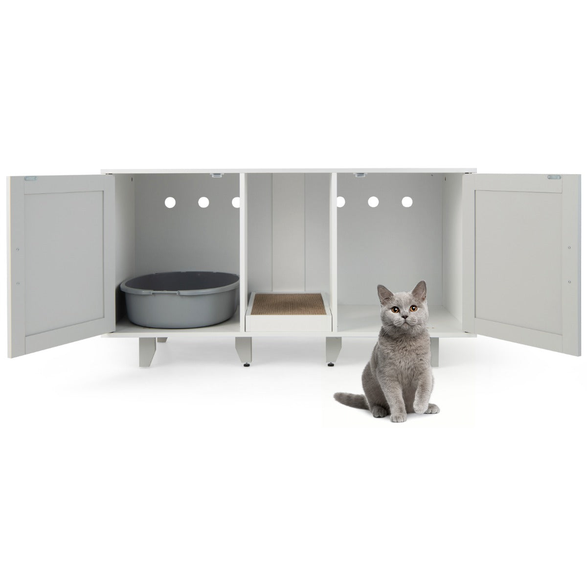 Kattskåp – för kattsandlåda med dörrar och skrapbräda entré – 2 120 x 52 x 65 cm – Ljusgrå