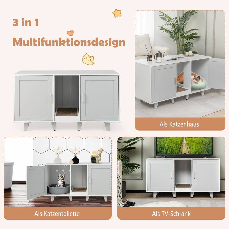 Kattskåp – för kattsandlåda med dörrar och skrapbräda entré – 2 120 x 52 x 65 cm – Ljusgrå