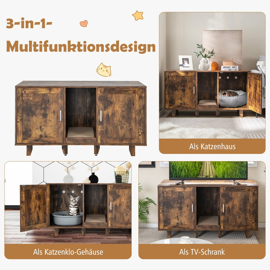 Kattskåp – för kattsandlåda med dörrar och skrapbräda entré Vintage – 2 120 x 52 x 65 cm – Rustik brun