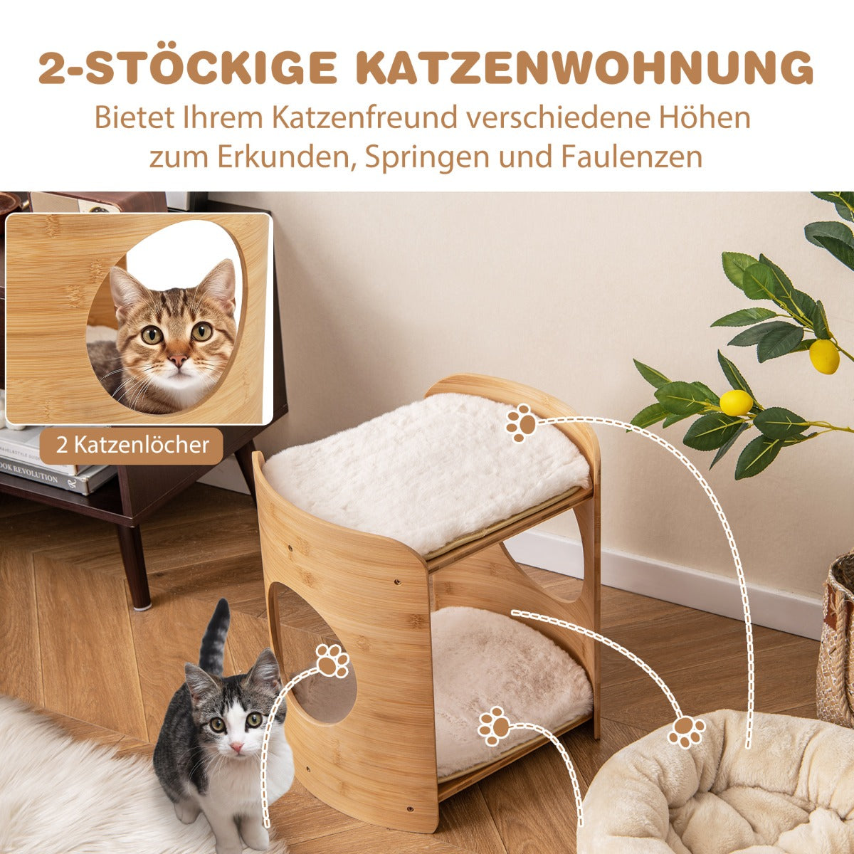 vånings – bambu kattsäng med avtagbara plyschmattor och katthål för kattsovplats – 2 2 – Beige