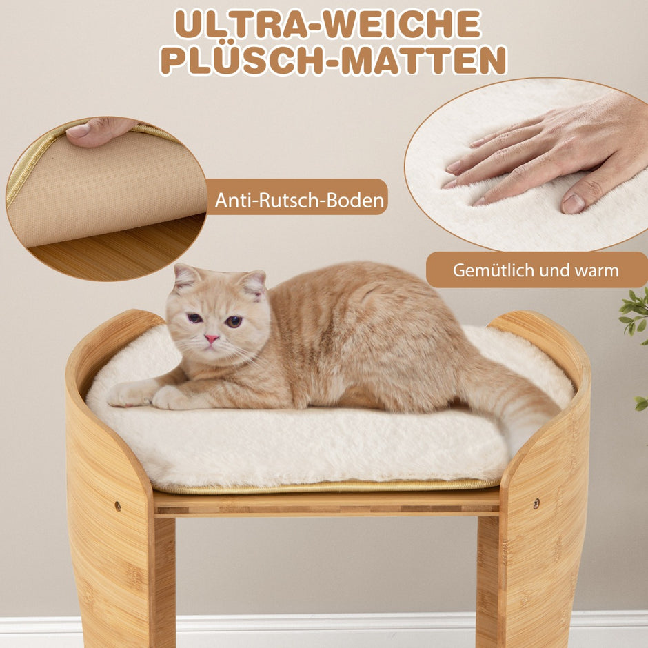 vånings – bambu kattsäng med avtagbara plyschmattor och katthål för kattsovplats – 2 2 – Beige