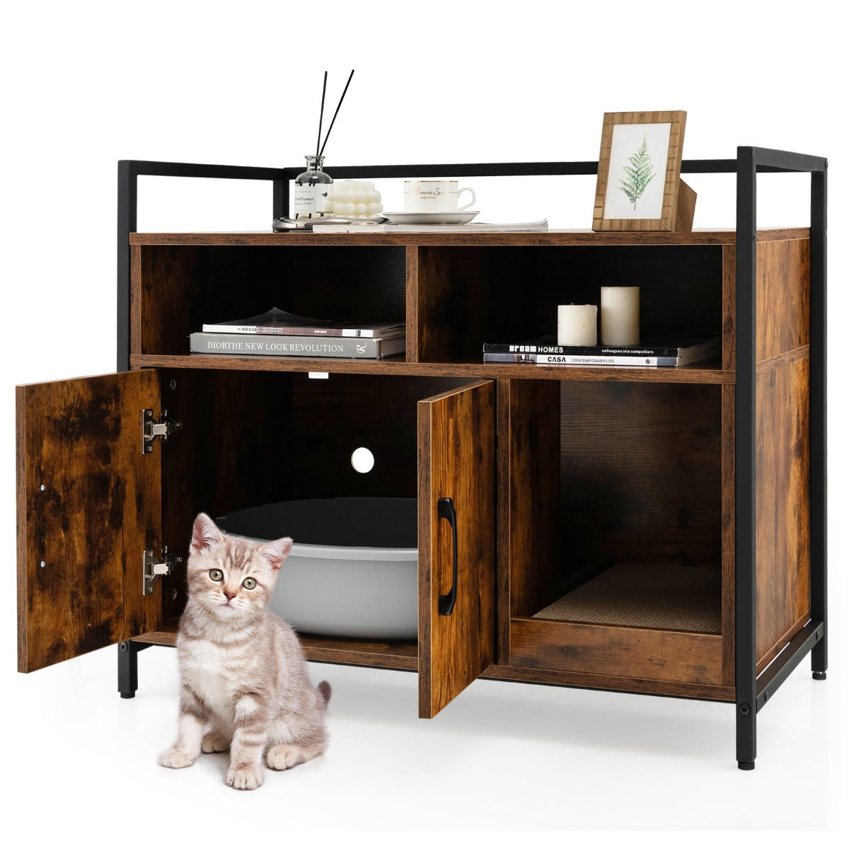 Kattskåp – för husdjur med dubbla dörrar och skrapdyna – 89 x 45 x 74,5 cm – Kaffe