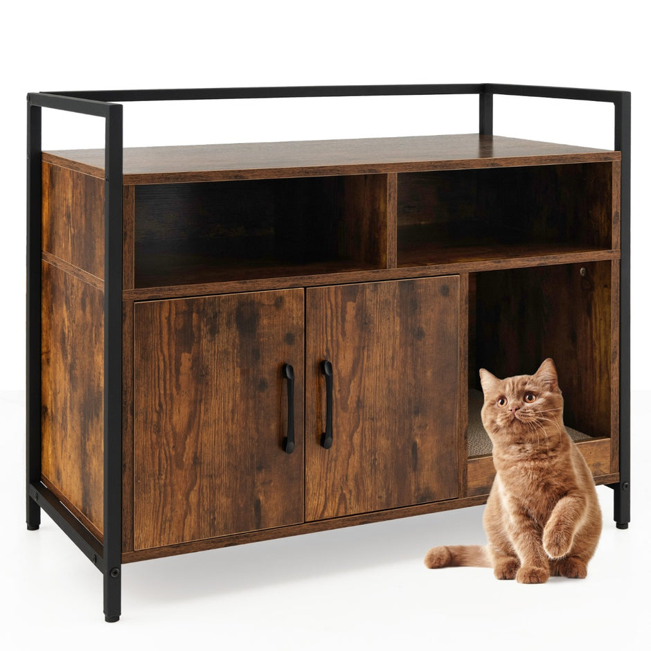 Kattskåp – för husdjur med dubbla dörrar och skrapdyna – 89 x 45 x 74,5 cm – Kaffe
