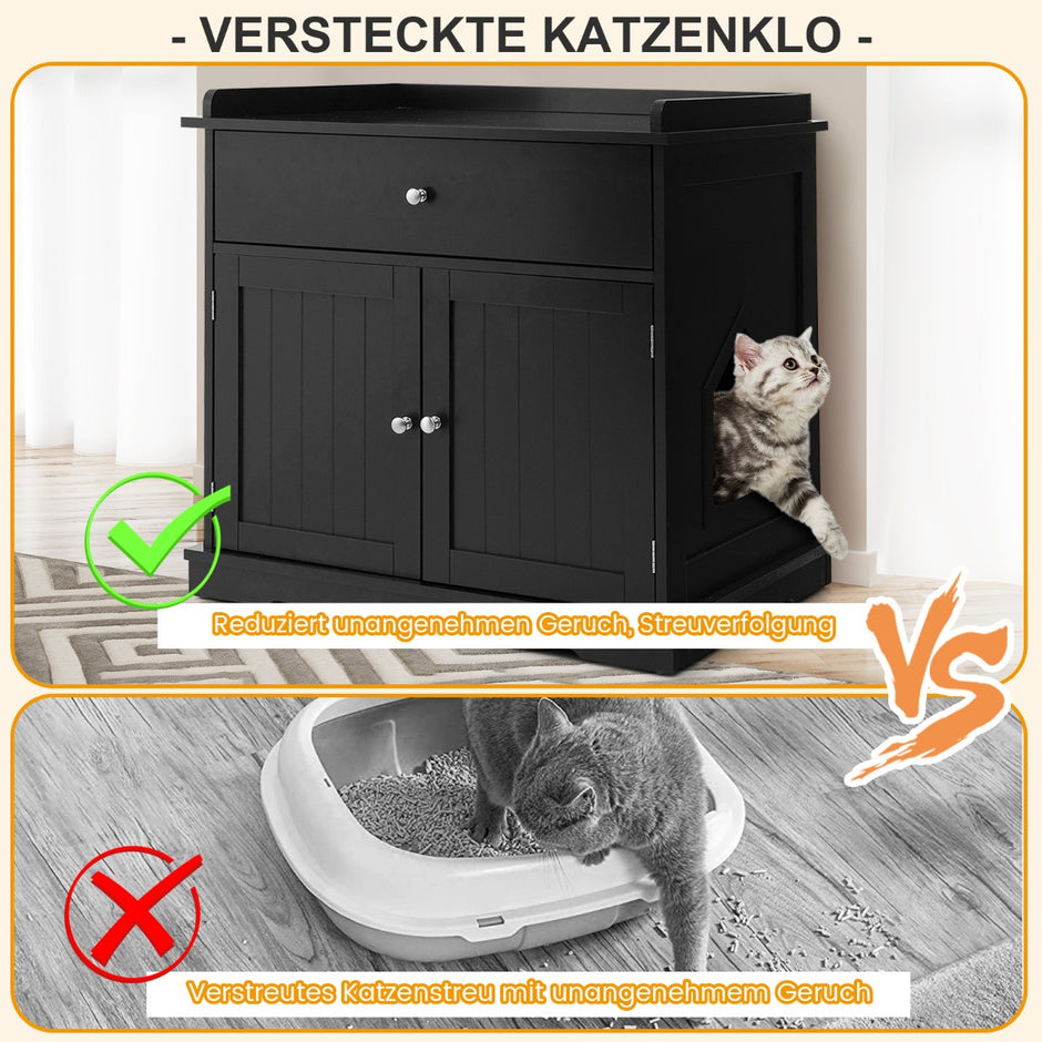 Katthus – med låda och dörrar i Kattskräp Sidobord – 2 3 1 – Svart