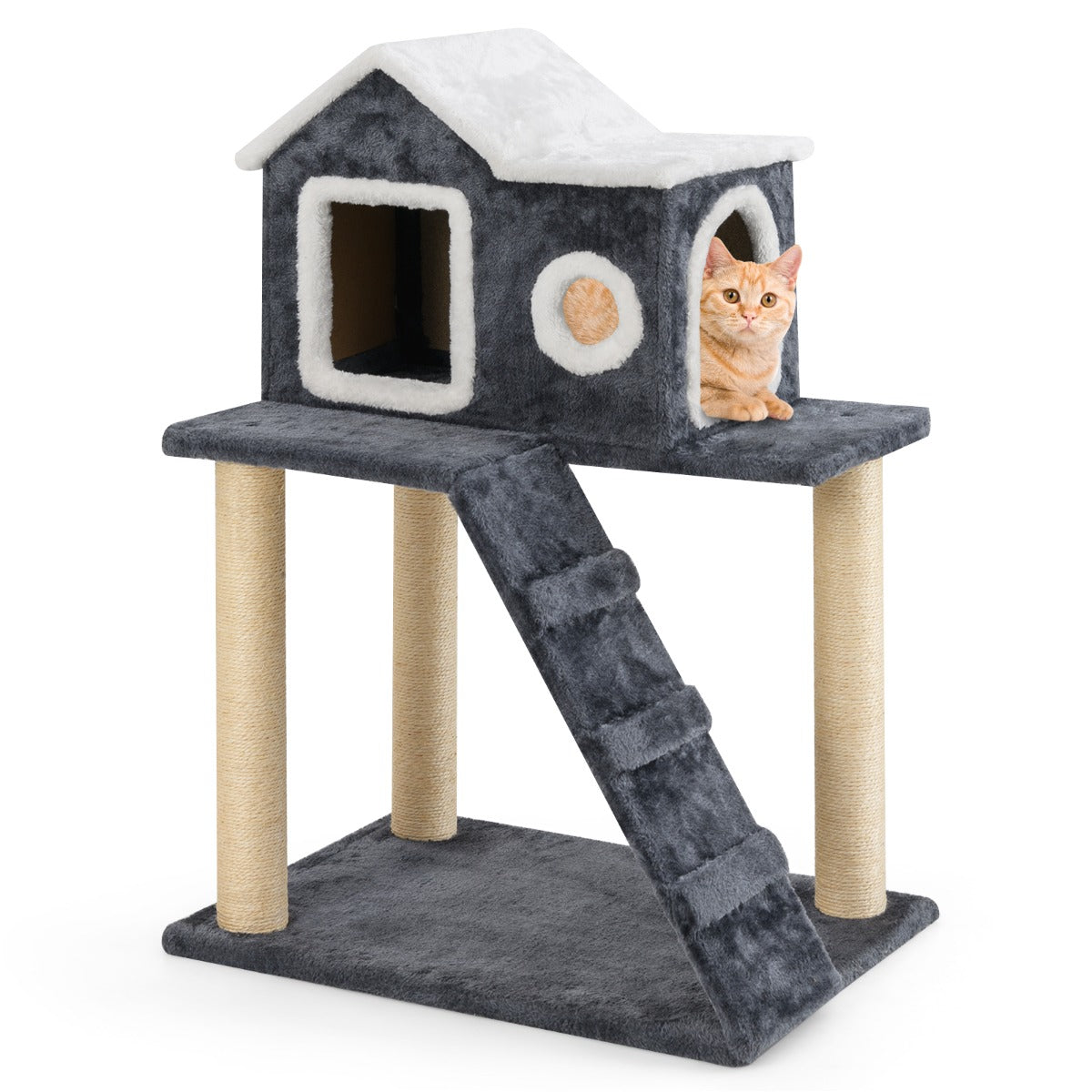 Hög – skrapstolpe med stor grotta och stege sisalstolpar Cat Tree Climbing – 90 cm – Grå