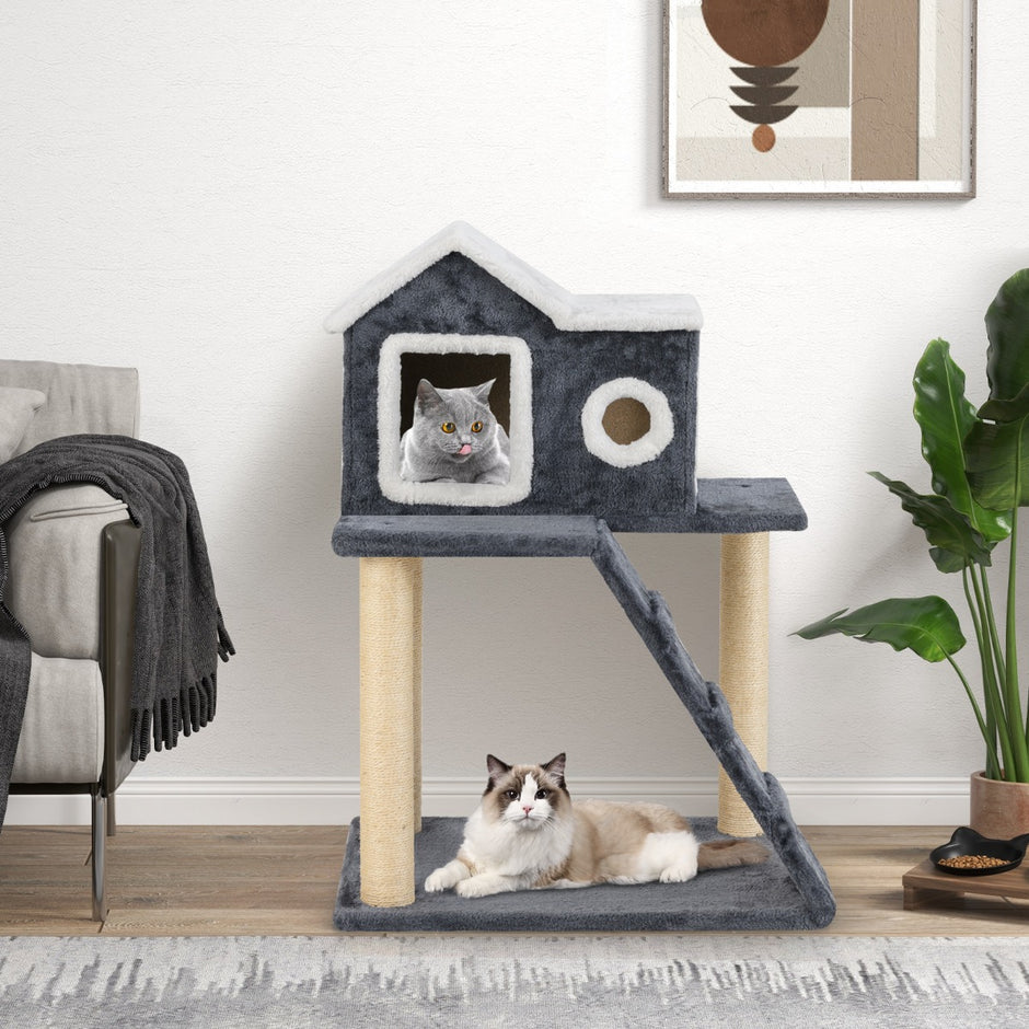 Hög – skrapstolpe med stor grotta och stege sisalstolpar Cat Tree Climbing – 90 cm – Grå