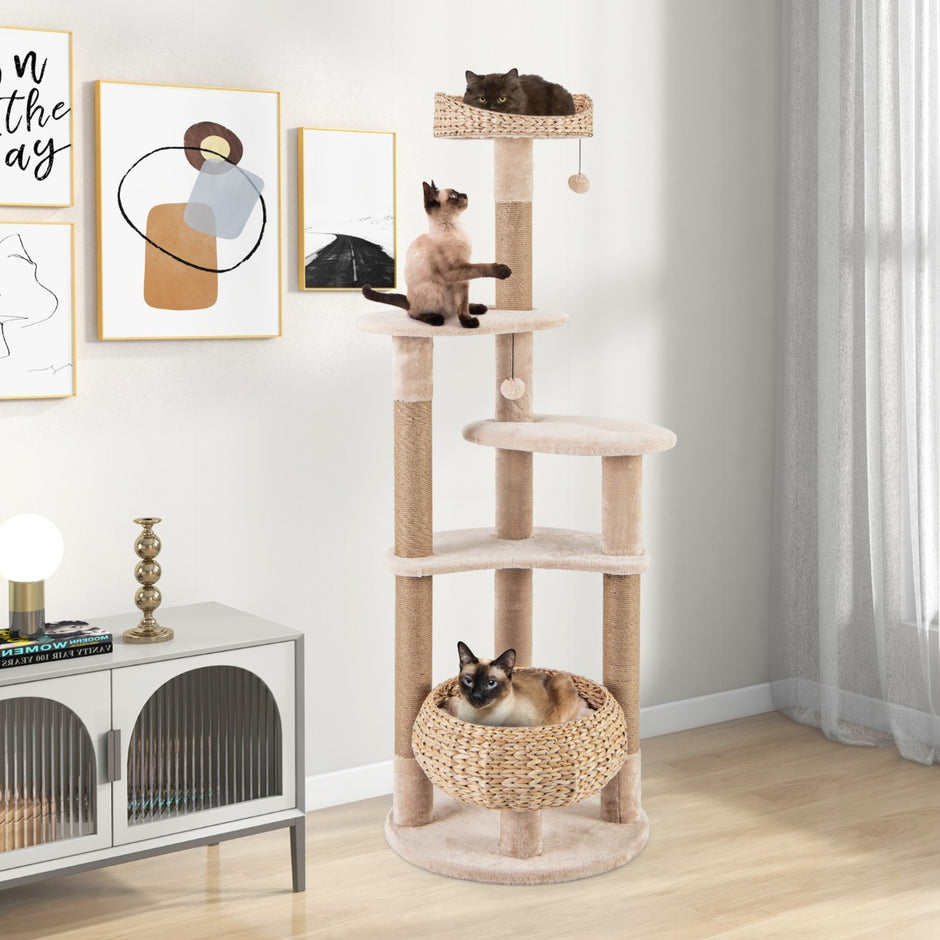 Kattträd – med Abborre och Cattail Basket Bed vånings klätterträd – 6 164 cm – Natur