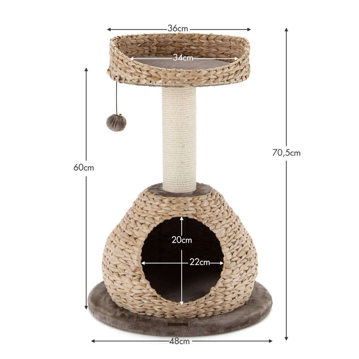 Litet – kattträd med grotta och naturlig sisal handgjord korg – Ø 48 x 70,5 cm – Brun