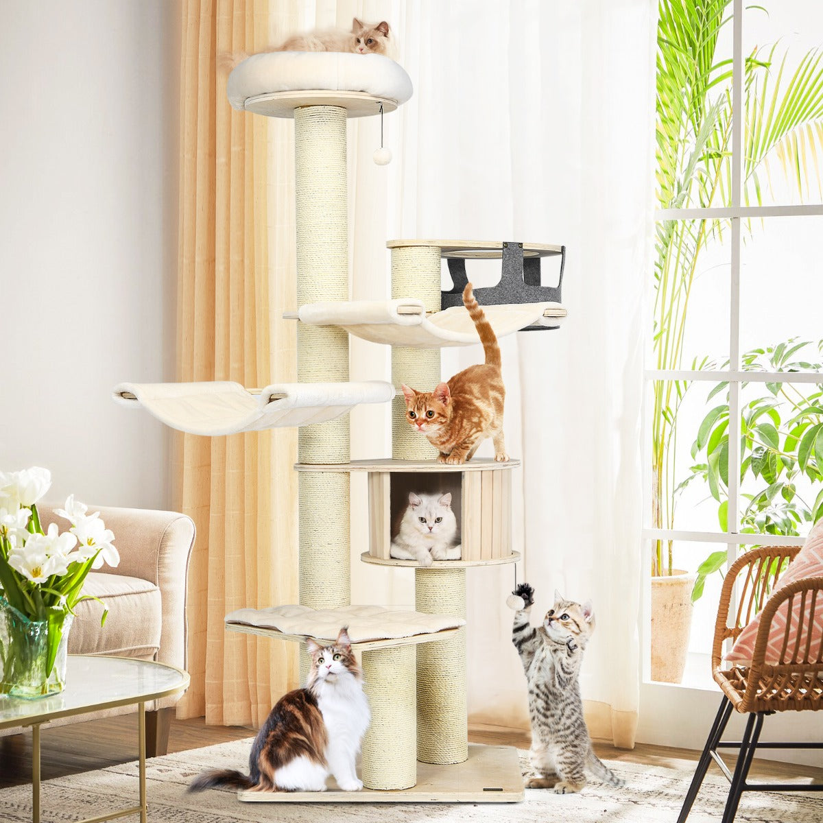 vånings – skrapstolpe i trä med hängmatta och kattgrotta hängkorg bollar kattträd – 7 197 cm – Beige