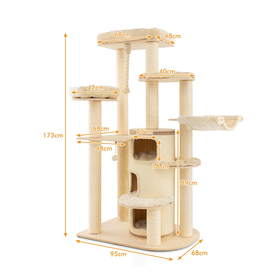 Träskrapstolpe – med kattgrotta och mattor boll hängrep Kattträd – 173 cm – Beige