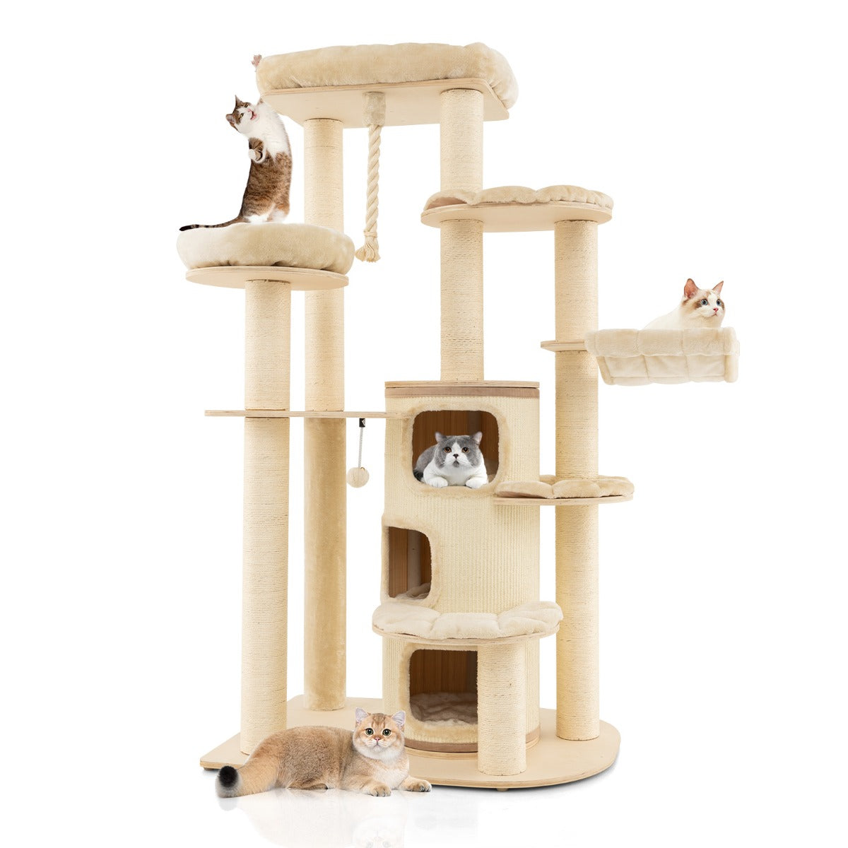 Träskrapstolpe – med kattgrotta och mattor boll hängrep Kattträd – 173 cm – Beige