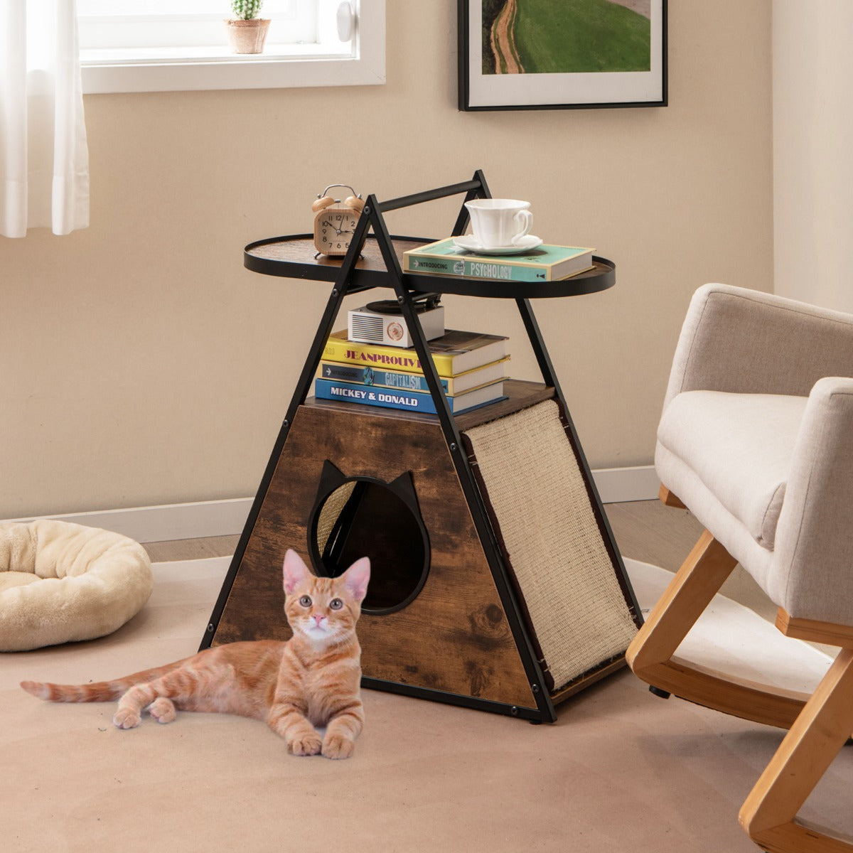 i – Cat Cabinet House och Sidobord Sängbord med Cave Scratching Mats – 3 1 – Grå