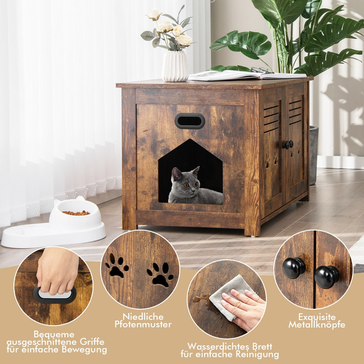 Cat – House kattsandlåda med dubbla lamelldörrar Kattskåp – 70 x 52 x 51 cm – Brun