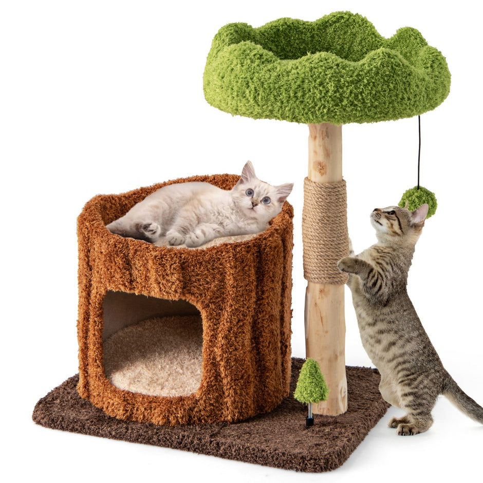 Skrapstolpe – katter kattträd med kattgrotta i form av trädhål +grön – 60 x 46 x 73 cm – Brun