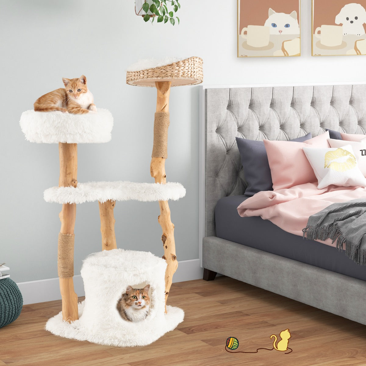 Skrapstolpe – i trä med kattgrotta och plysch sits sittplattform av jute – 124 cm – Vit