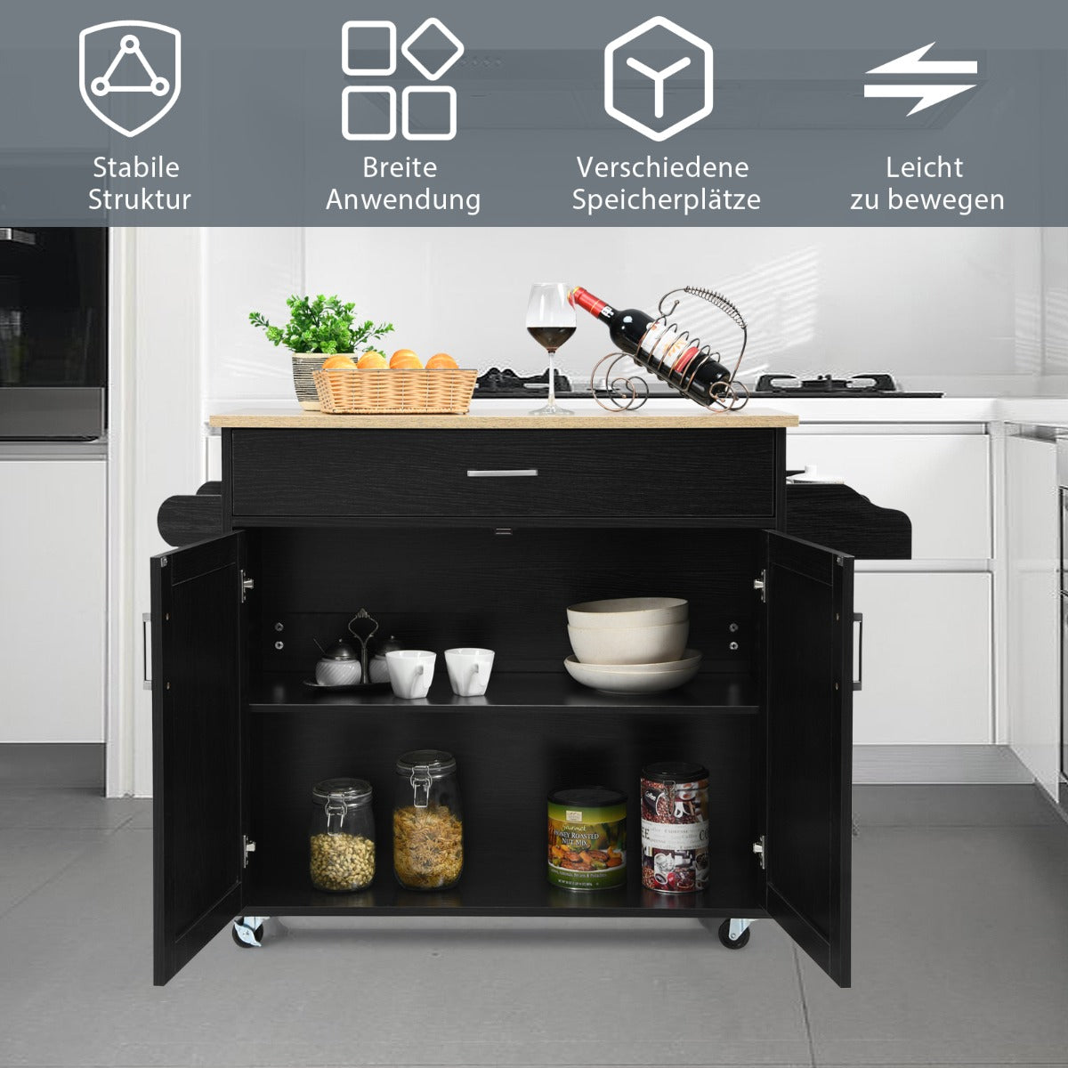 Köksvagn – köksö med låda och höj sänkbar hylla + – 116 x 40 x 85 cm – Svart