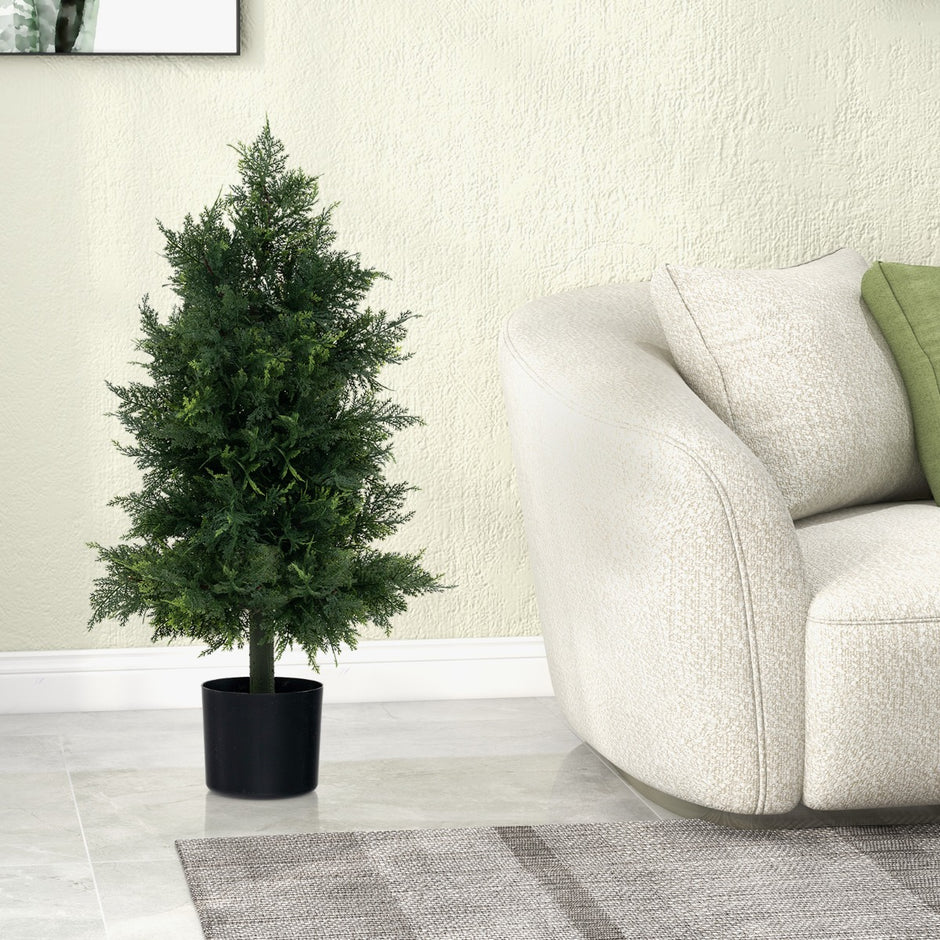 Konstgjord – topiary ceder med kruka och solbeständiga löv tall – Grön