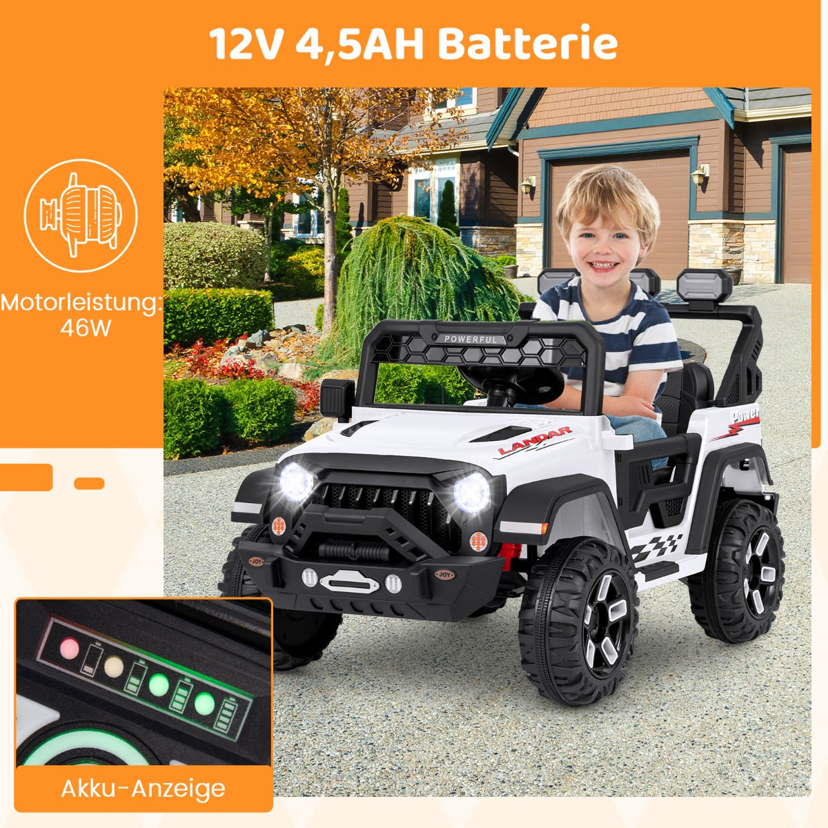 Elbil – för barn med 2,4G Fjärrkontroll och USB Ljus Musik 12V Jeep Bil – Vit