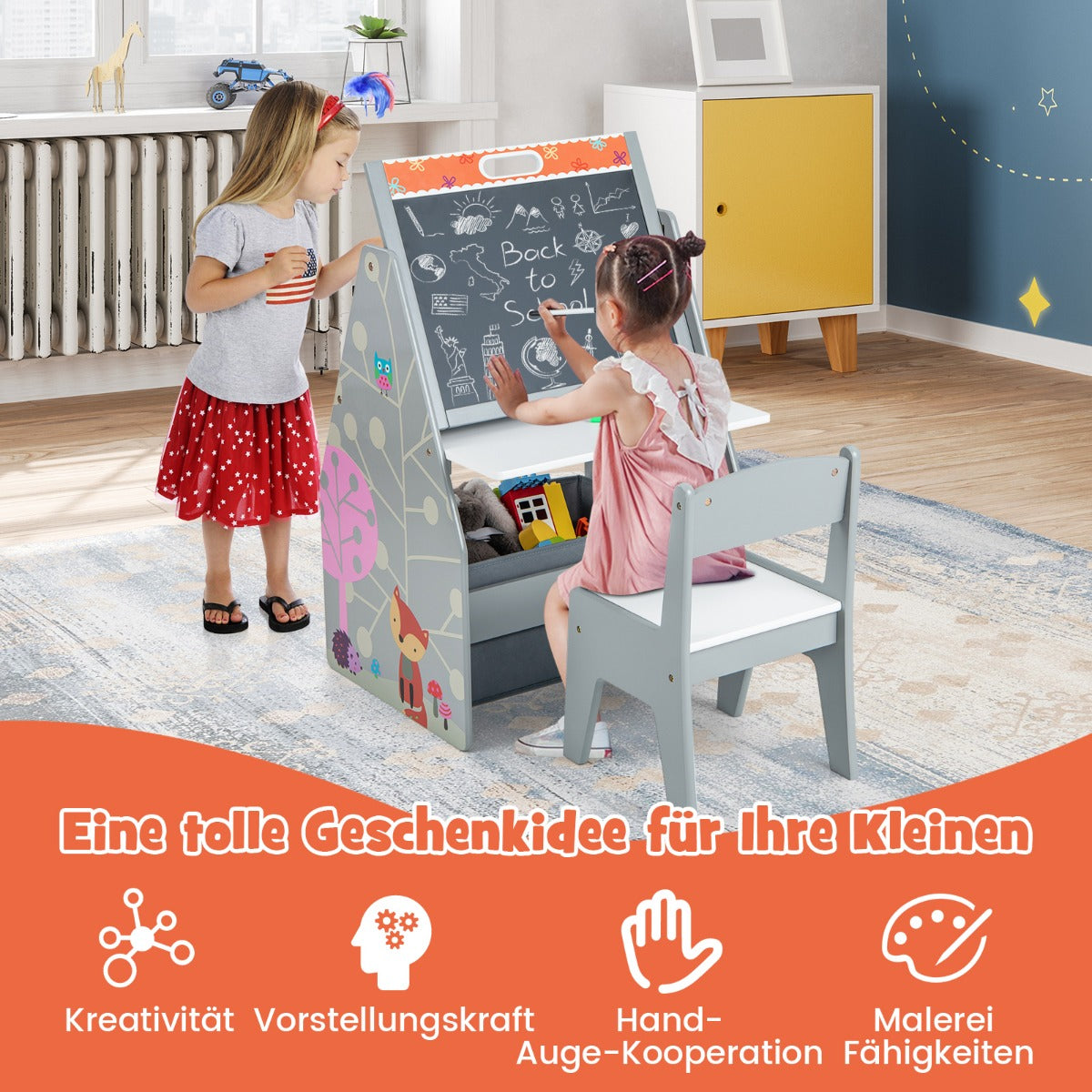 Dubbelsidigt – set med bord och stolar för barn magnettavla whiteboard bokhylla – Grå